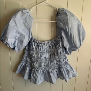 Astr Pale Blue Smocked Puff Sleeve Blouse
